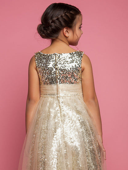 Princess A-Line Tea Length Tulle Sleeveless Jewel Neck Dress with Ruched Sequin