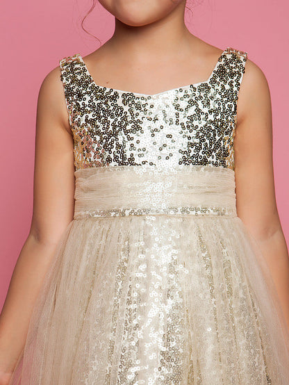 Princess A-Line Tea Length Tulle Sleeveless Jewel Neck Dress with Ruched Sequin
