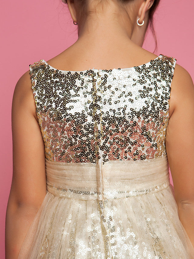 Princess A-Line Tea Length Tulle Sleeveless Jewel Neck Dress with Ruched Sequin