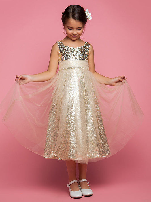 Princess A-Line Tea Length Tulle Sleeveless Jewel Neck Dress with Ruched Sequin