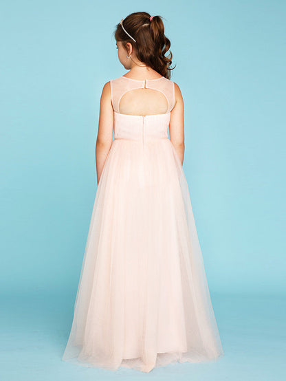 Princess A-Line V Neck Floor Length Tulle Junior Flower Girl Dress with Criss Cross Crystals Wedding Party