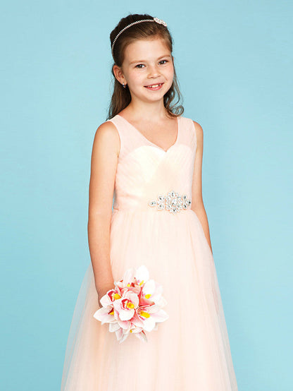 Princess A-Line V Neck Floor Length Tulle Junior Flower Girl Dress with Criss Cross Crystals Wedding Party