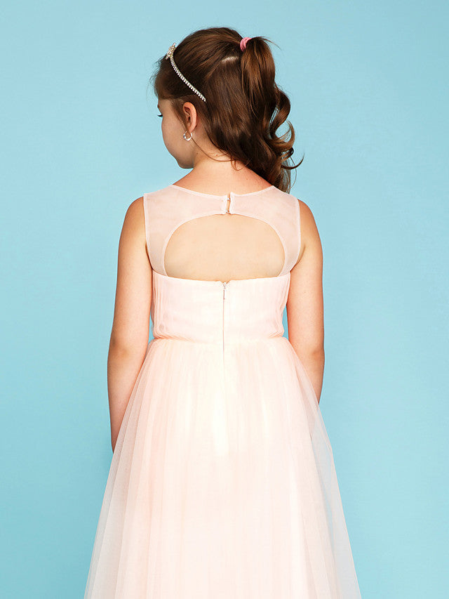 Princess A-Line V Neck Floor Length Tulle Junior Flower Girl Dress with Criss Cross Crystals Wedding Party