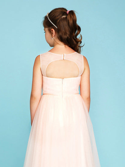 Princess A-Line V Neck Floor Length Tulle Junior Flower Girl Dress with Criss Cross Crystals Wedding Party