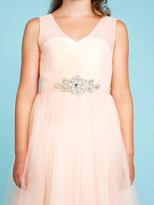 Princess A-Line V Neck Floor Length Tulle Junior Flower Girl Dress with Criss Cross Crystals Wedding Party