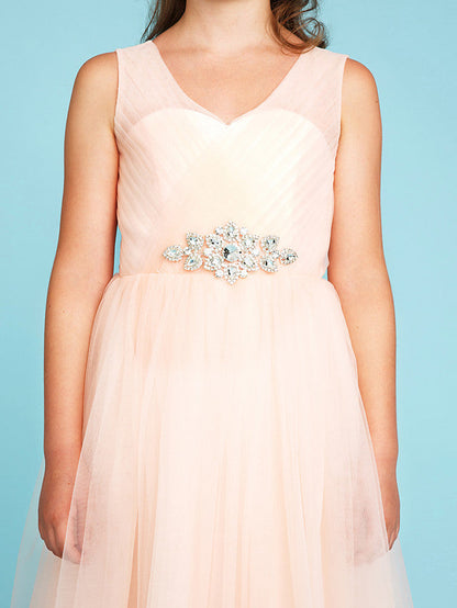 Princess A-Line V Neck Floor Length Tulle Junior Flower Girl Dress with Criss Cross Crystals Wedding Party