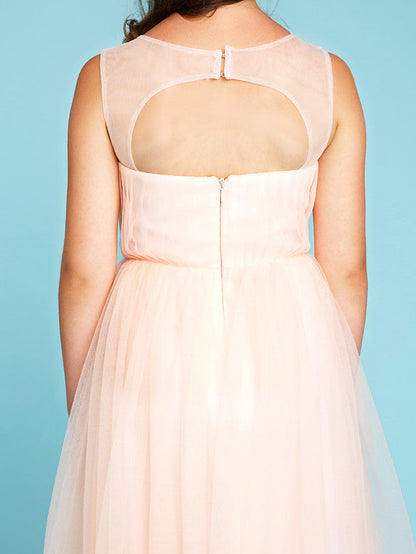 Princess A-Line V Neck Floor Length Tulle Junior Flower Girl Dress with Criss Cross Crystals Wedding Party