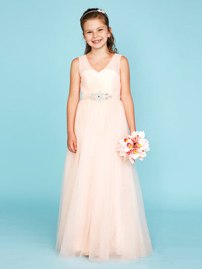 Princess A-Line V Neck Floor Length Tulle Junior Flower Girl Dress with Criss Cross Crystals Wedding Party
