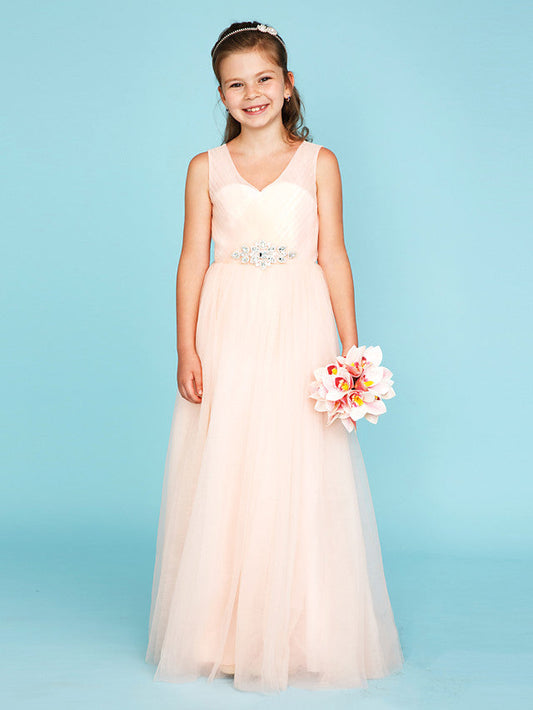 Princess A-Line V Neck Floor Length Tulle Junior Flower Girl Dress with Criss Cross Crystals Wedding Party