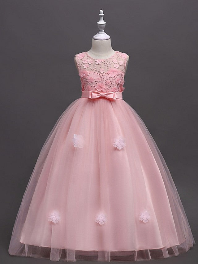 Princess Ball Gown Sleeveless Jewel Neck Flower Girl Dresses with Tulle Sash Ribbon Bow Appliques