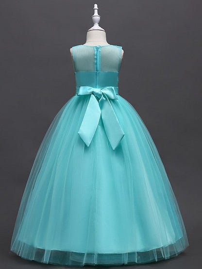 Princess Ball Gown Sleeveless Jewel Neck Flower Girl Dresses with Tulle Sash Ribbon Bow Appliques