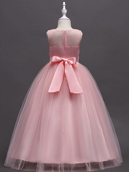 Princess Ball Gown Sleeveless Jewel Neck Flower Girl Dresses with Tulle Sash Ribbon Bow Appliques