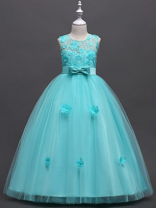 Princess Ball Gown Sleeveless Jewel Neck Flower Girl Dresses with Tulle Sash Ribbon Bow Appliques