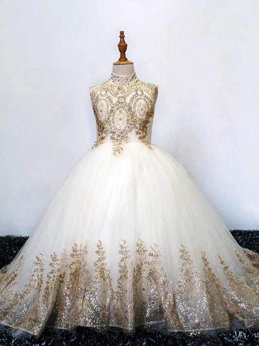 Princess High Neck Tulle Flower Girl Dress w/ Crystals & Rhinestones