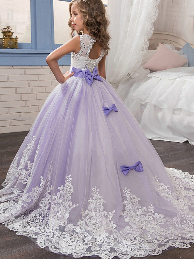 Princess Jewel Pageant Flower Girl Dresses with Sleeveless Bow