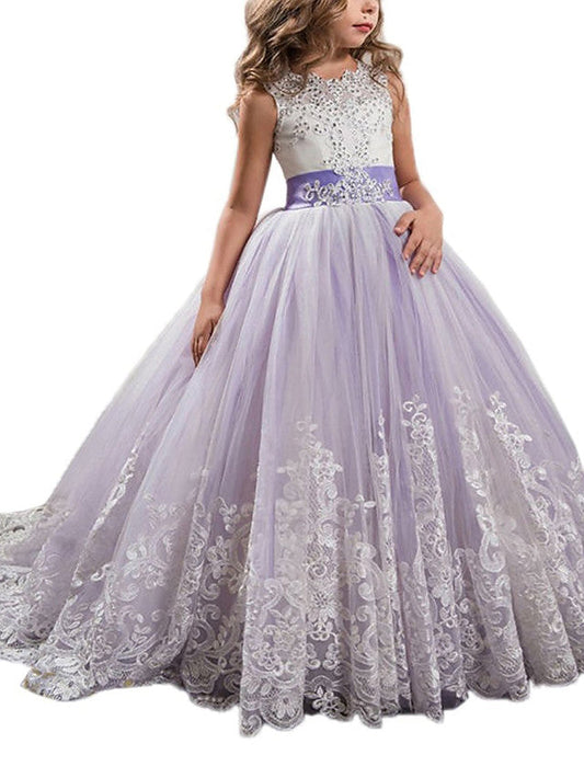 Princess Jewel Pageant Flower Girl Dresses with Sleeveless Bow