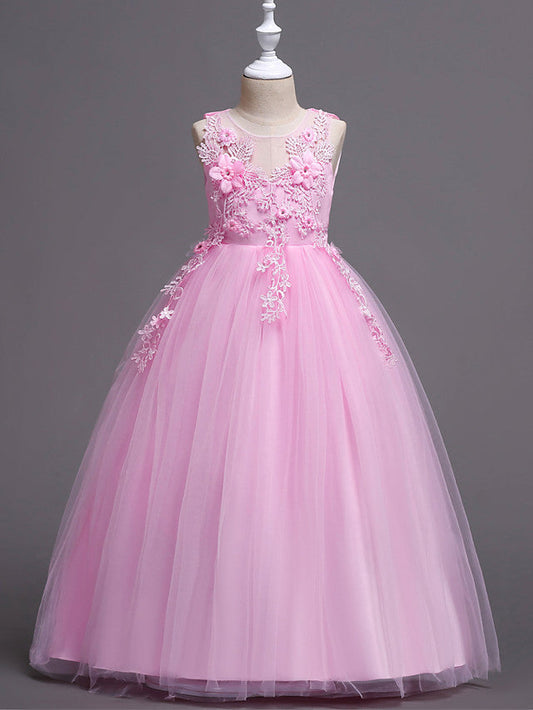Princess Lace Print Tulle Sleeveless Floor Length Flower Girl Dresses