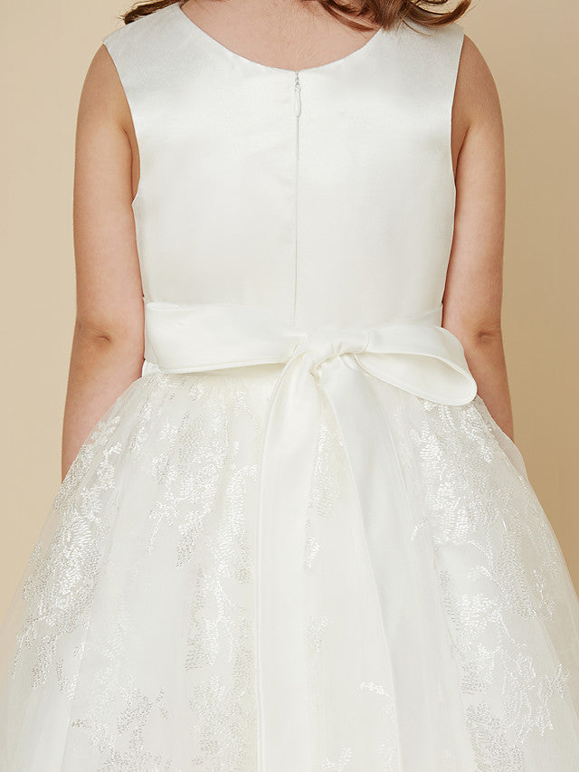 Princess Lace Satin Sleeveless Dress with Sash Bow for Flower Girls