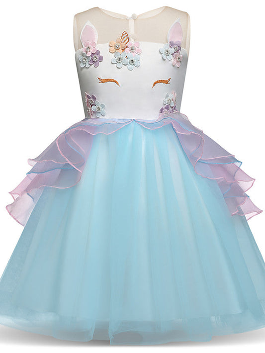 Princess Midi Party Dress ¡§C Satin Tulle Embroidery & Appliques