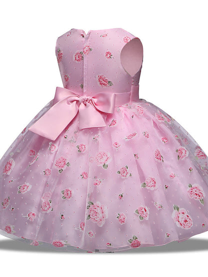 Princess Midi Wedding/Party Satin/Tulle Sleeveless Jewel Neck With Bow(s) Tier Pattern and Print
