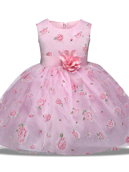 Princess Midi Wedding/Party Satin/Tulle Sleeveless Jewel Neck With Bow(s) Tier Pattern and Print