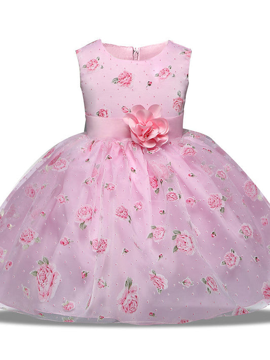 Princess Midi Wedding/Party Satin/Tulle Sleeveless Jewel Neck With Bow(s) Tier Pattern and Print