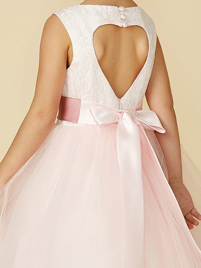 Princess Satin Tulle Lace Appliques Sleeveless Flower Girl Dresses for Floor Length
