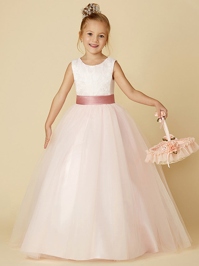 Princess Satin Tulle Lace Appliques Sleeveless Flower Girl Dresses for Floor Length
