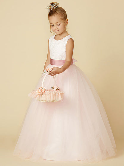 Princess Satin Tulle Lace Appliques Sleeveless Flower Girl Dresses for Floor Length