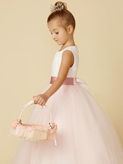 Princess Satin Tulle Lace Appliques Sleeveless Flower Girl Dresses for Floor Length