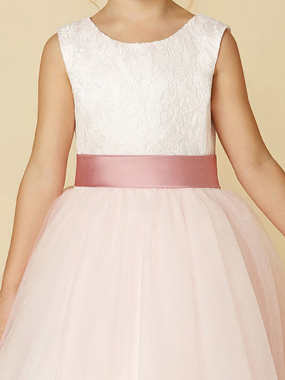Princess Satin Tulle Lace Appliques Sleeveless Flower Girl Dresses for Floor Length