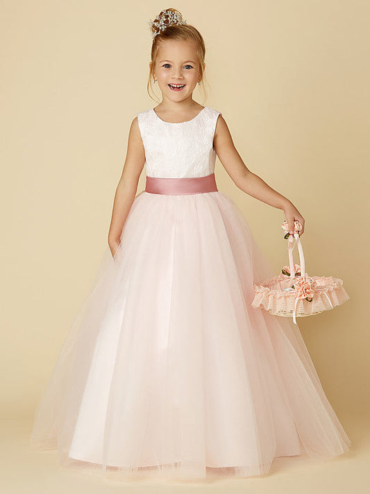 Princess Satin Tulle Lace Appliques Sleeveless Flower Girl Dresses for Floor Length