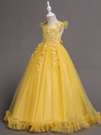 Princess Short Sleeve Flower Girl Dress with Lace Appliques Ruffles