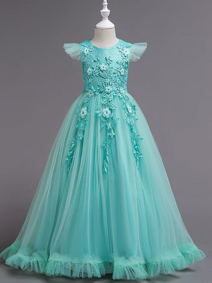 Princess Short Sleeve Flower Girl Dress with Lace Appliques Ruffles