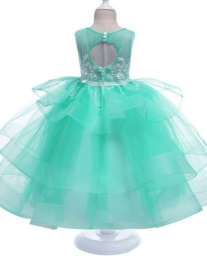 Princess Sleeveless Jewel Neck Flower Girl Dress - Polyester with Bow Embroidery