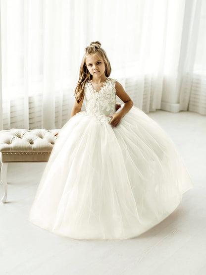 Puffy Ball Gown Sleeveless Flower Girl Dress with Bow Appliques and Tulle Lace