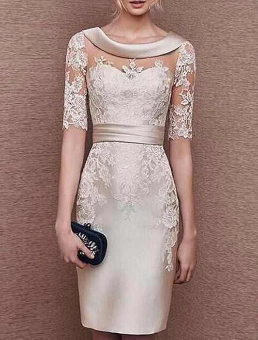 Sheath / Column Mother of the Bride Dress Wedding Guest Elegant Vintage Jewel Neck Knee Length Satin Lace Short Sleeve with Appliques