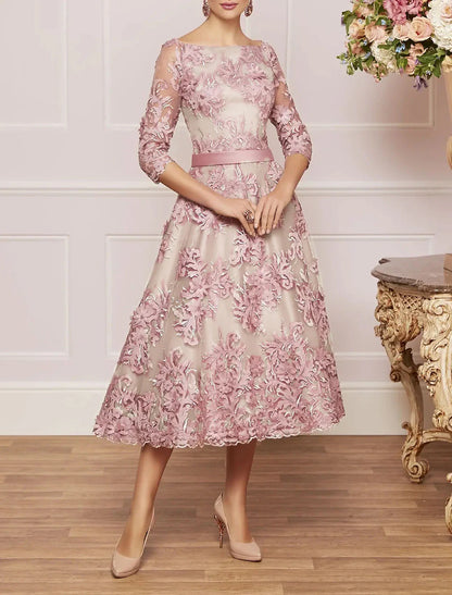 A-Line Mother of the Bride Dress Wedding Guest Elegant Vintage Plus Size Bateau Neck Tea Length Lace Half Sleeve with Lace Sash / Ribbon