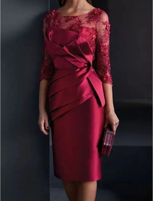 Sheath / Column Mother of the Bride Dress Wedding Guest Elegant Illusion Neck Knee Length Satin Lace 3/4 Length Sleeve with Appliques Ruching