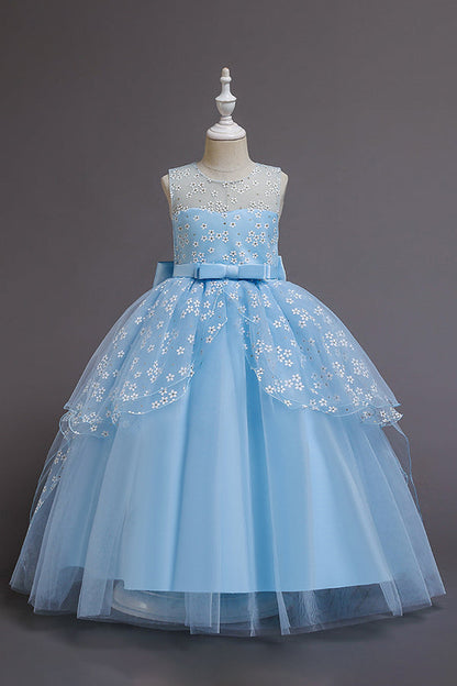 Red Princess Belt Flower Girl Dress with Bow Ball Gown for Weddings