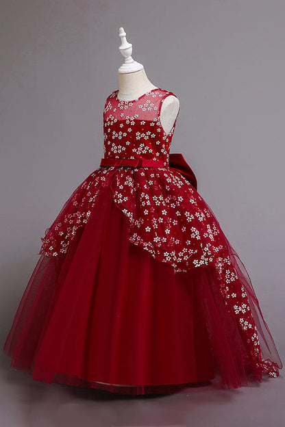 Red Princess Belt Flower Girl Dress with Bow Ball Gown for Weddings