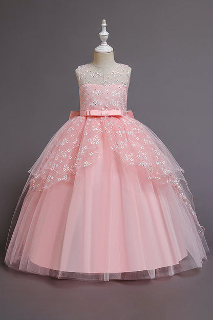 Red Princess Belt Flower Girl Dress with Bow Ball Gown for Weddings