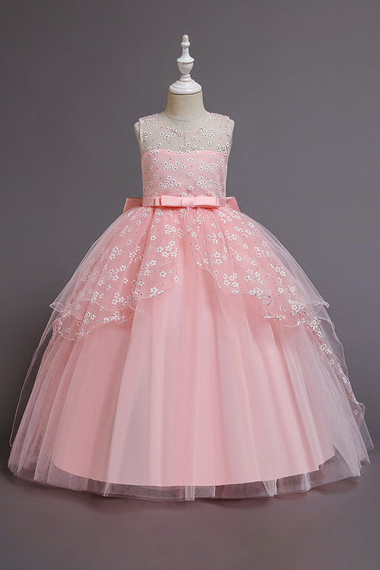 Red Princess Belt Flower Girl Dress with Bow Ball Gown for Weddings
