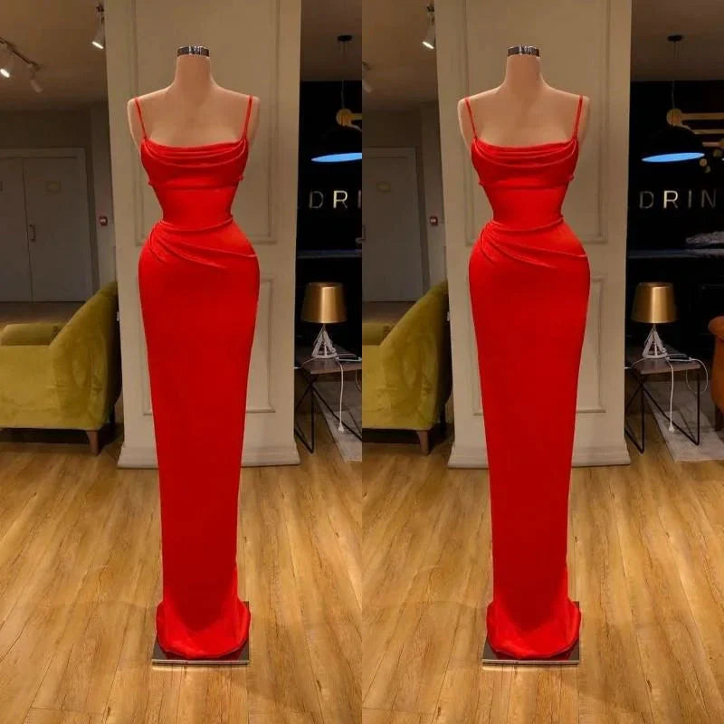 Red Spaghetti-Straps Mermaid Evening Dress Long