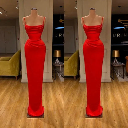Red Spaghetti-Straps Mermaid Evening Dress Long