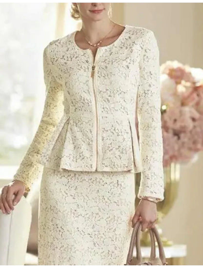 Two Piece Sheath / Column Mother of the Bride Dress Wedding Guest Elegant Party Scoop Neck Knee Length Lace Long Sleeve Wrap Included with Solid Color