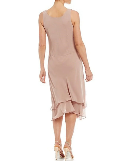 Two Piece A-Line Mother of the Bride Dress Wedding Guest Elegant Jewel Neck Tea Length Chiffon Long Sleeve with Beading Cascading Ruffles