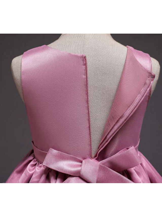 Satin Tulle Asymmetrical Flower Girl Dress with Lace Belt Appliques