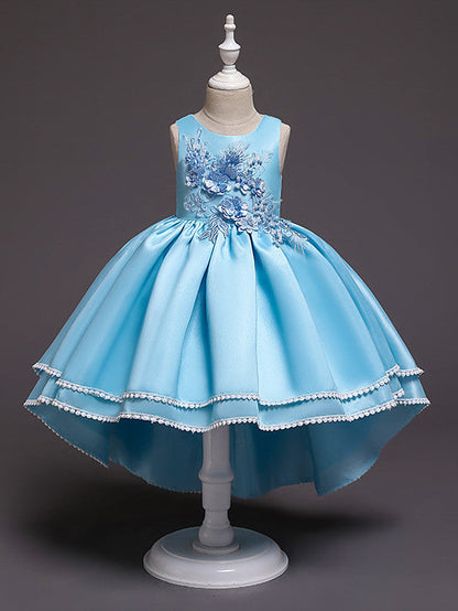 Satin Tulle Asymmetrical Flower Girl Dress with Lace Belt Appliques