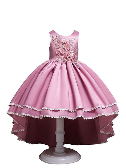 Satin Tulle Asymmetrical Flower Girl Dress with Lace Belt Appliques